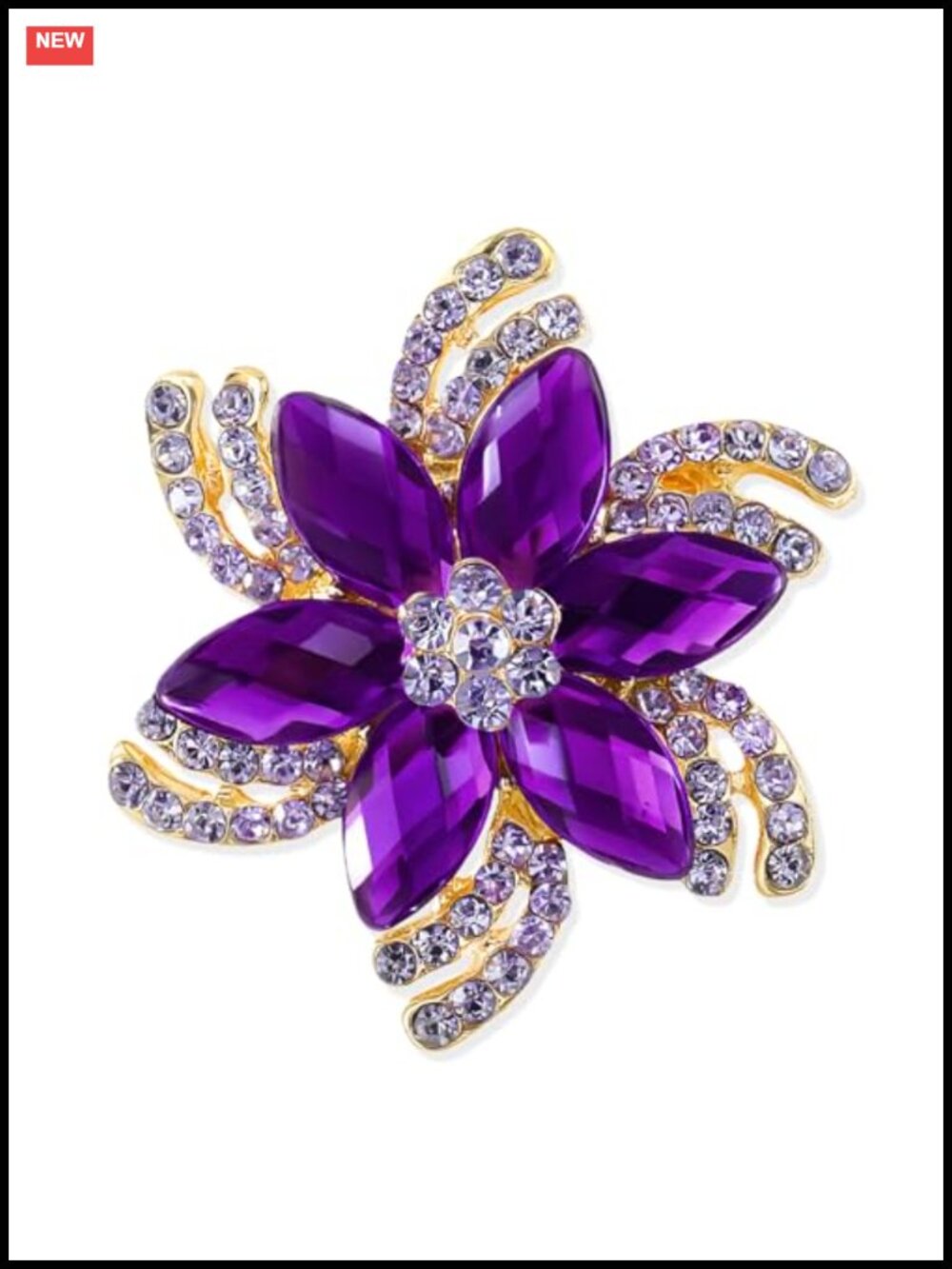 Vintage Flower Brooch with Purple Crystals, Gold-Toned Finish, Zinc Alloy, Pin